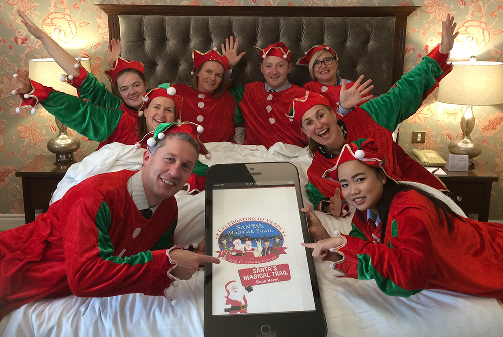 Santas MAgical Trail 2018 Launch, Niall from Graphedia, dressed up as an elf with the team from Clanard Court hotel